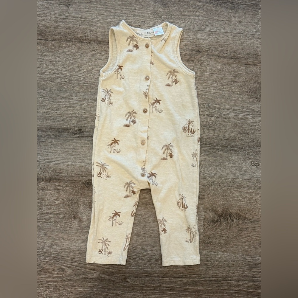 ZARA 9-12 Beige Palm Tree Print Baby Romper